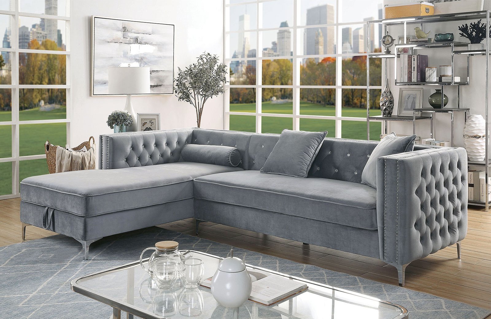 Amie Glam Gray Sectional w/Storage FOA East