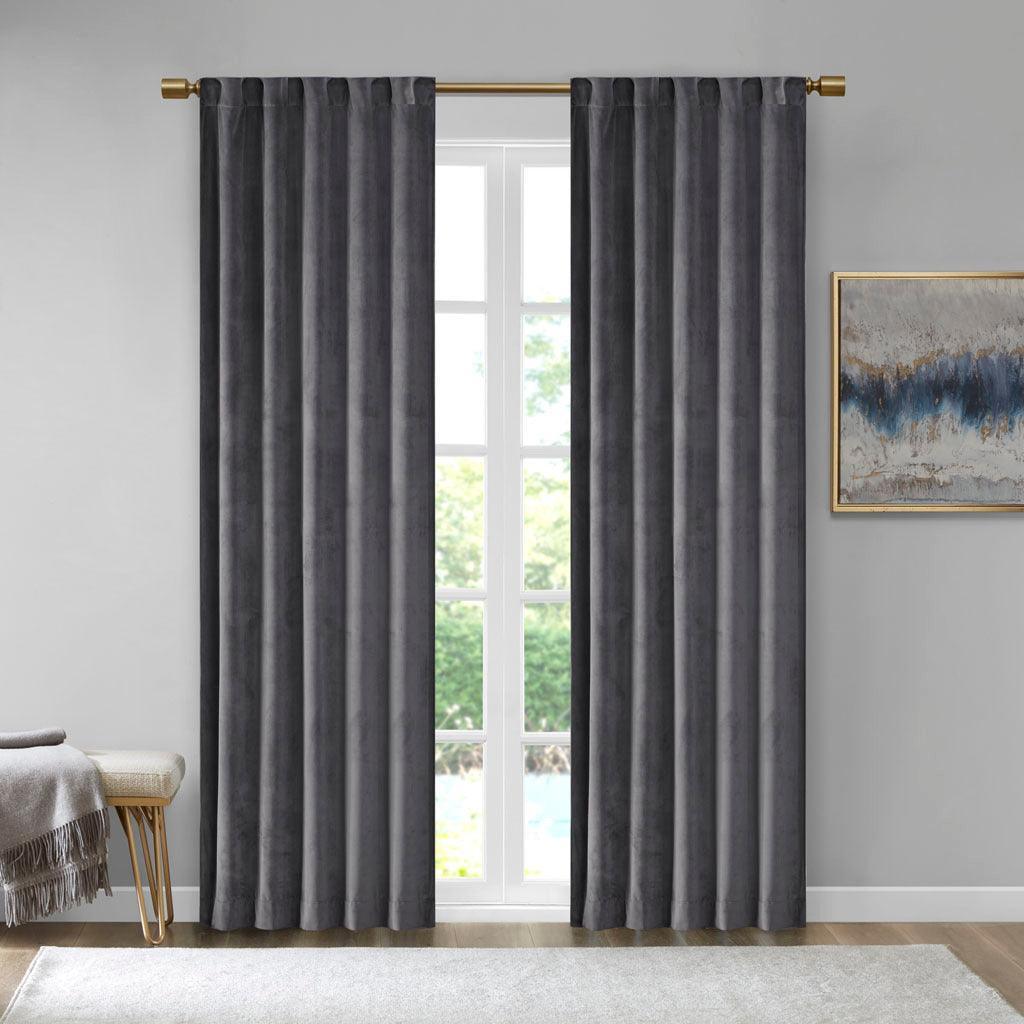 Colt 63" Room Darkening Poly Velvet Rod Pocket Back Tab Window Panel Pair Charcoal Olliix.com