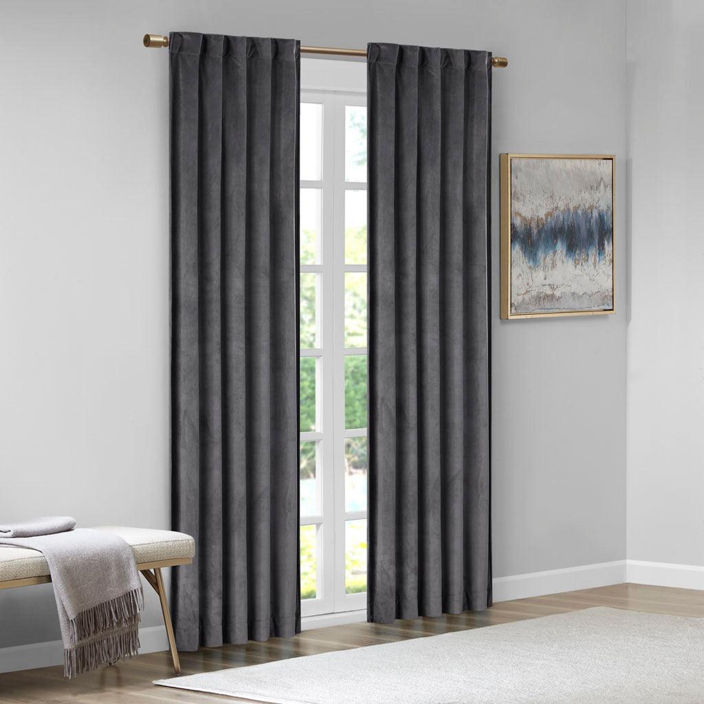 Colt 63" Room Darkening Poly Velvet Rod Pocket Back Tab Window Panel Pair Charcoal Olliix.com