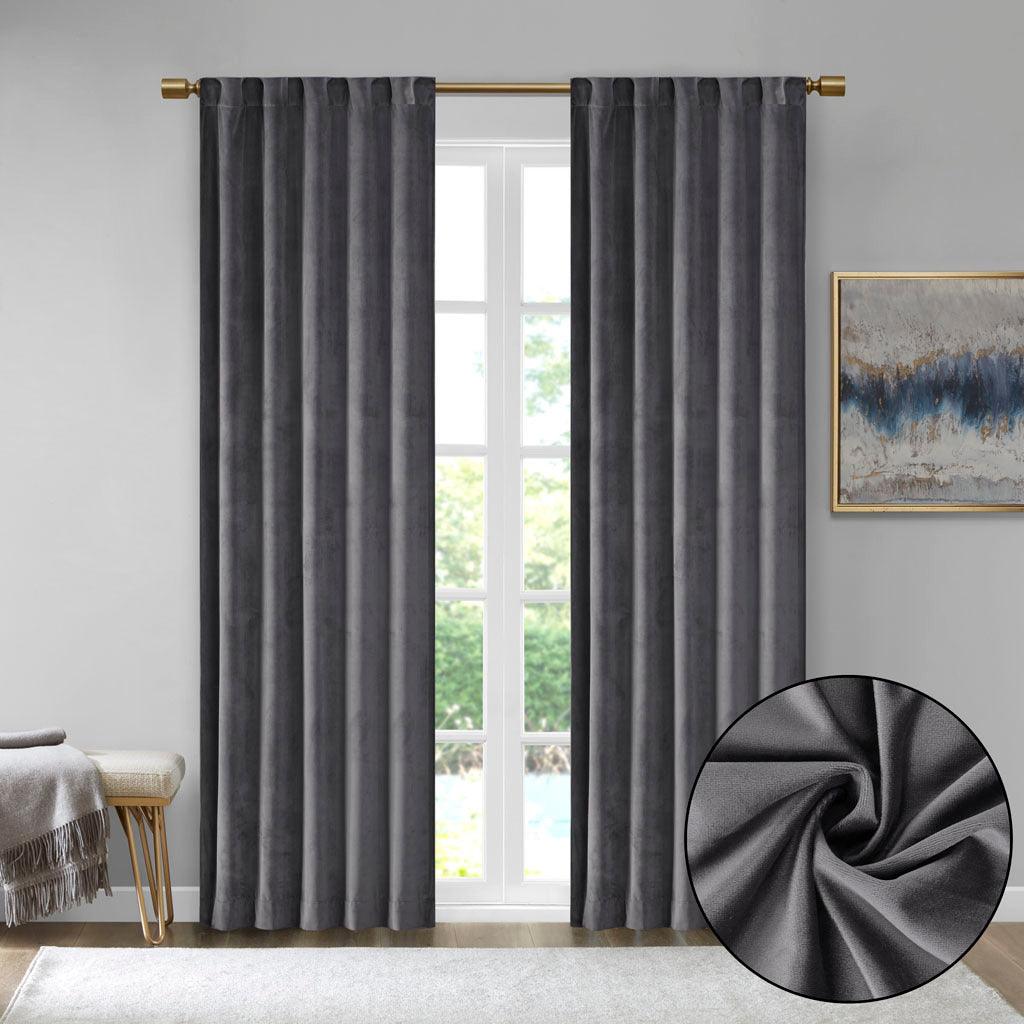 Colt 63" Room Darkening Poly Velvet Rod Pocket Back Tab Window Panel Pair Charcoal Olliix.com