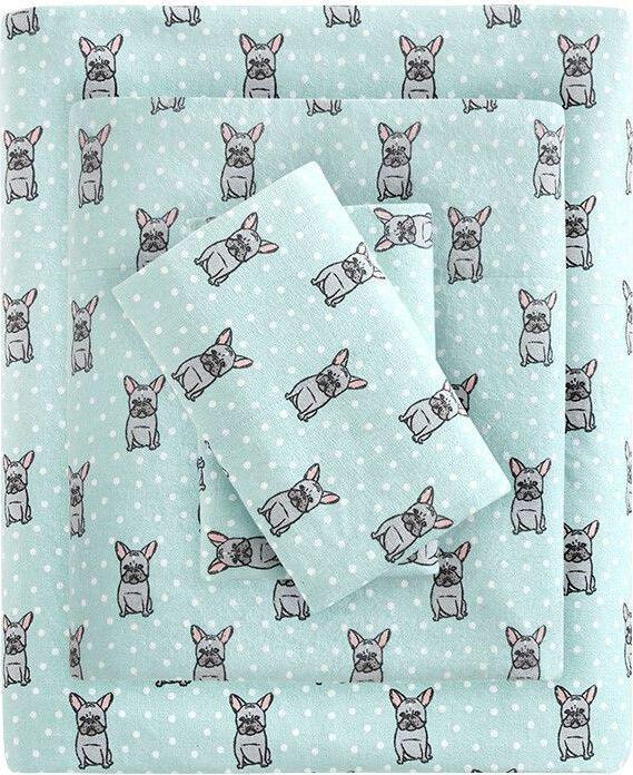 Cozy Cotton Flannel Full Printed Sheet Set Aqua French Olliix.com