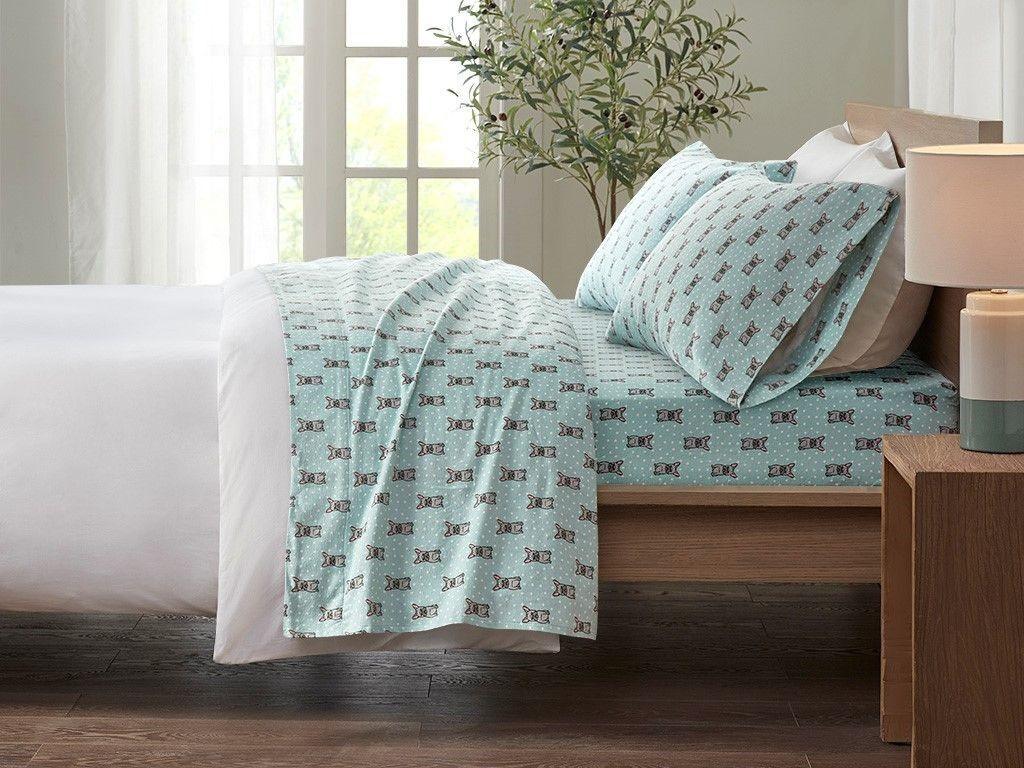 Cozy Cotton Flannel Full Printed Sheet Set Aqua French Olliix.com