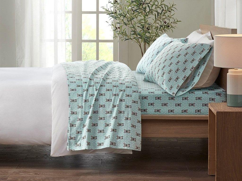 Cozy Cotton Flannel Twin Printed Sheet Set Aqua French Olliix.com