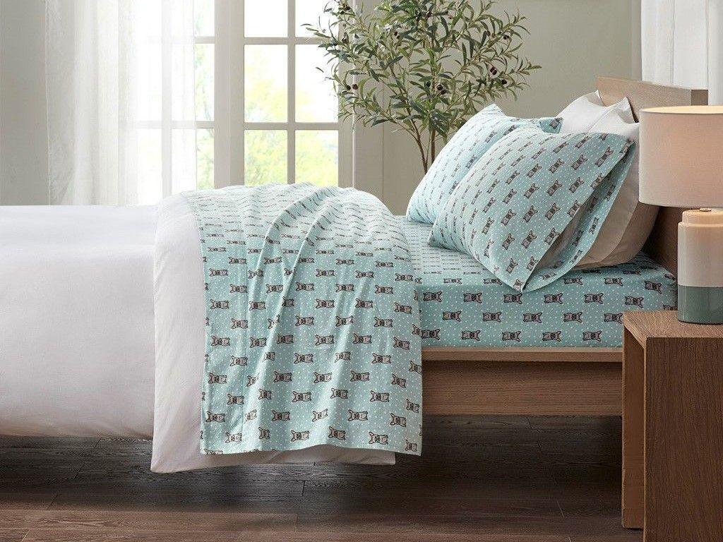 Cozy Cotton Flannel Twin XL Printed Sheet Set Aqua French Olliix.com