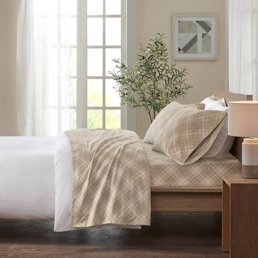 Cozy Flannel California King Sheet Set Tan Plaid Olliix.com