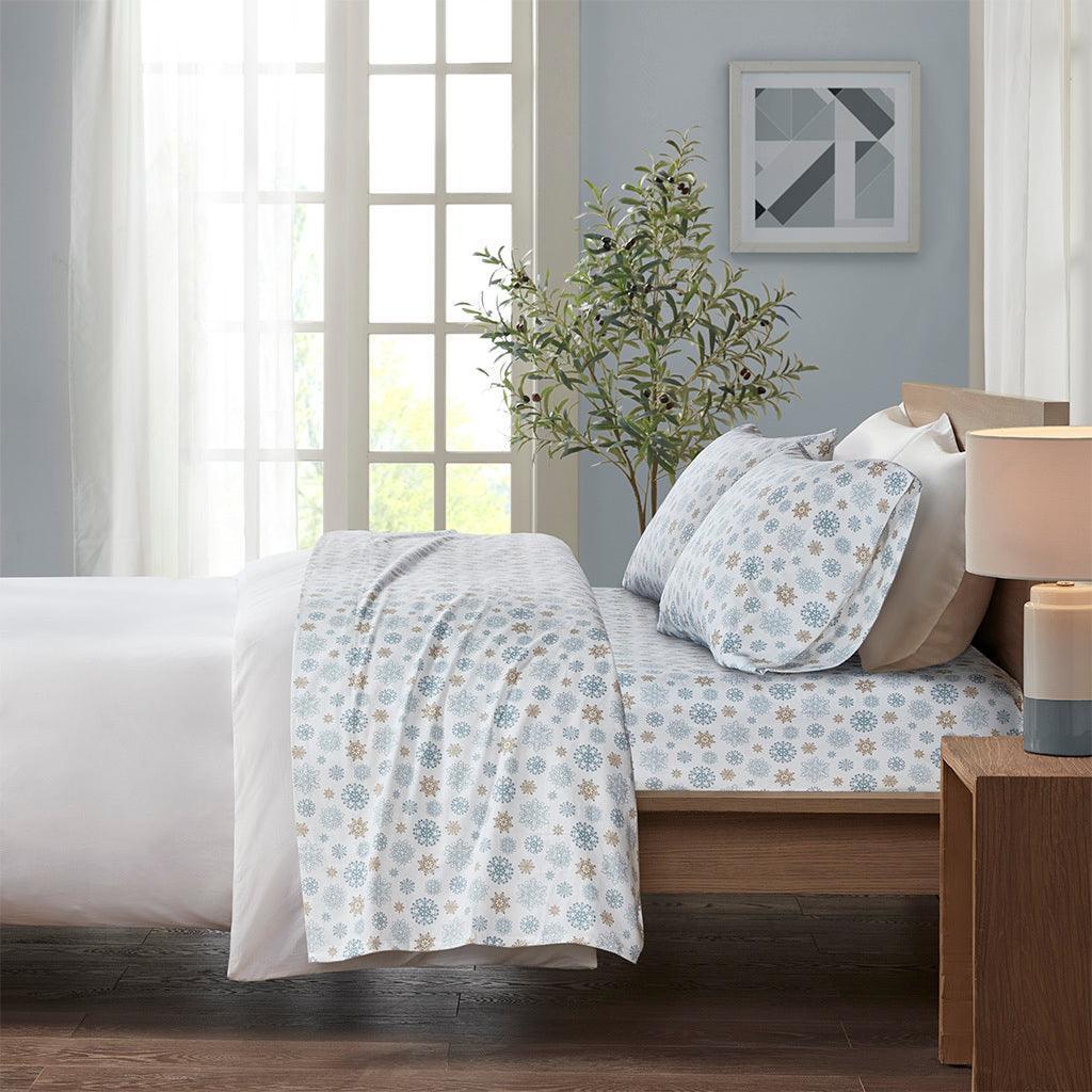 Cozy Flannel Full Sheet Set Tan & Blue Olliix.com