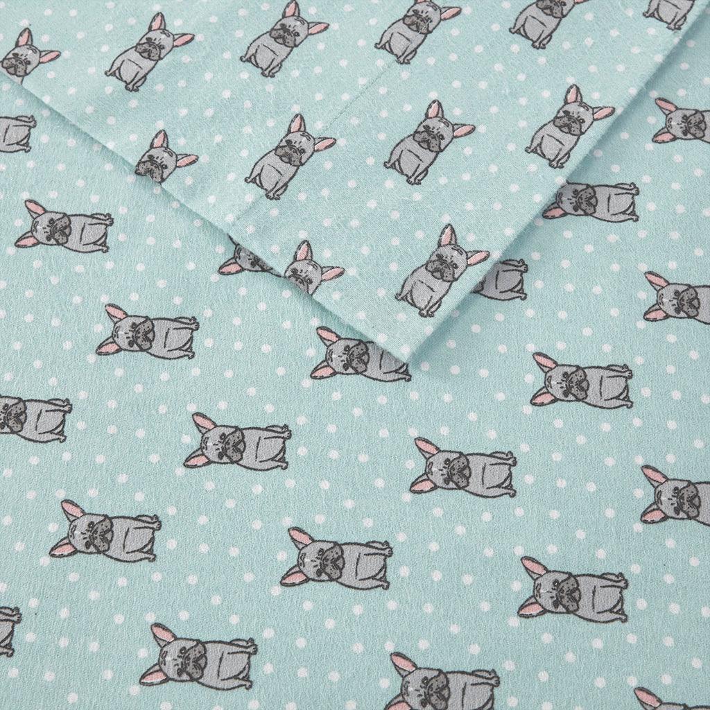 Cozy Flannel King Sheet Set Aqua French Bulldog Olliix.com