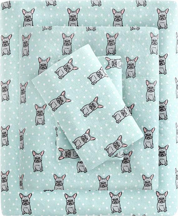 Cozy Flannel King Sheet Set Aqua French Bulldog Olliix.com