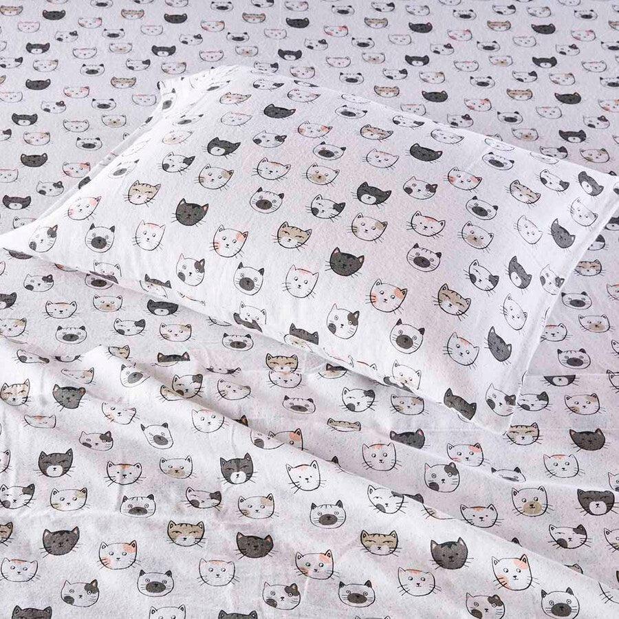 Cozy Soft Cotton Novelty Print Flannel Sheet Set Twin Gray & Pink Cats Olliix.com