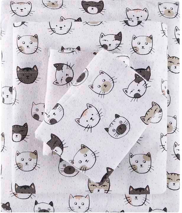 Cozy Soft Cotton Novelty Print Flannel Sheet Set Twin Gray & Pink Cats Olliix.com