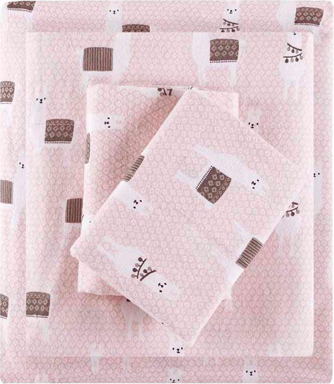 Cozy Soft Cotton Novelty Print Flannel Sheet Set Twin Pink Llamas Olliix.com