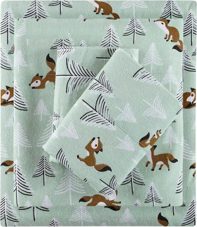 Cozy Soft Cotton Novelty Print Flannel Sheet Set Twin Seafoam Foxes Olliix.com