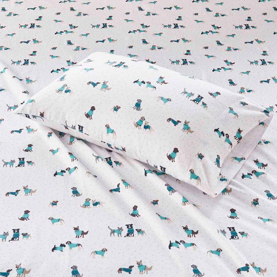 Cozy Soft Cotton Novelty Print Flannel Sheet Set Twin Teal Dogs Olliix.com