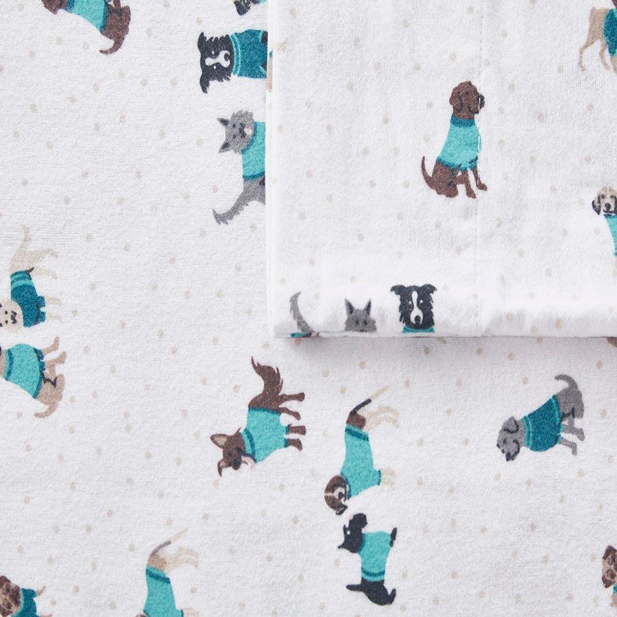 Cozy Soft Cotton Novelty Print Flannel Sheet Set Twin Teal Dogs Olliix.com