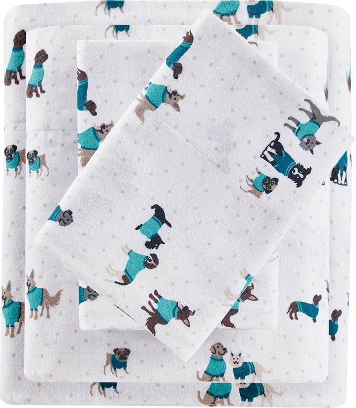 Cozy Soft Cotton Novelty Print Flannel Sheet Set Twin Teal Dogs Olliix.com