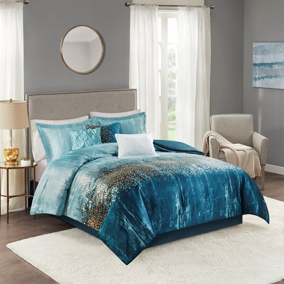 7 Piece Metallic Print Comforter Set Navy Queen Olliix.com