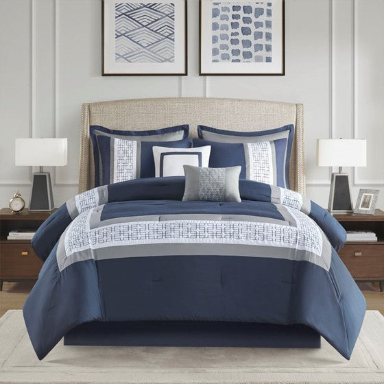 8 Piece Embroidered Comforter Set Navy Cal King Olliix.com