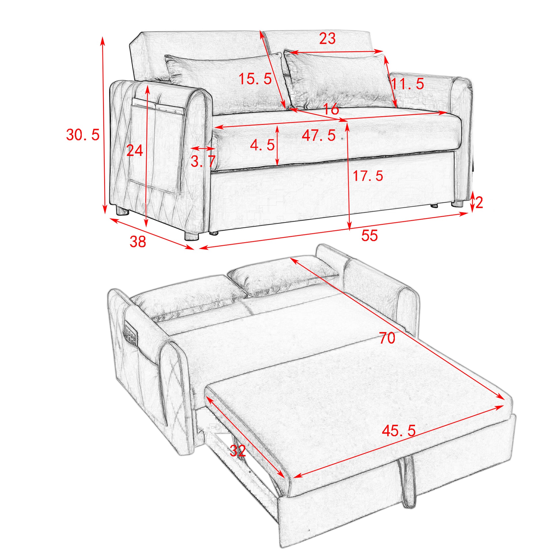 55" Modern Convertible Sofa Bed with 2 Detachable Arm Pockets, Velvet Loveseat Sofa with Pull Out Bed, 2 Pillows and Living Room Adjustable Backrest, Grid Design Armrests ***(FREE SHIPPING)*** House to Home Furnishings LLC