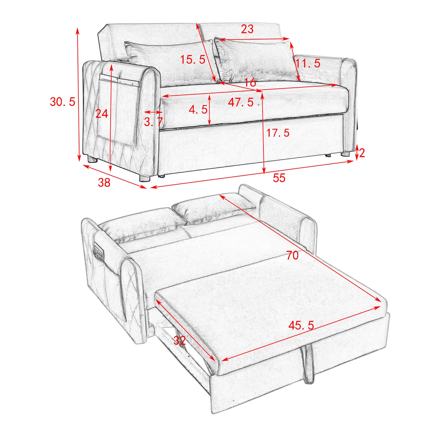 55" Modern Convertible Sofa Bed with 2 Detachable Arm Pockets, Velvet Loveseat Sofa with Pull Out Bed, 2 Pillows and Living Room Adjustable Backrest, Grid Design Armrests House to Home Furnishings LLC