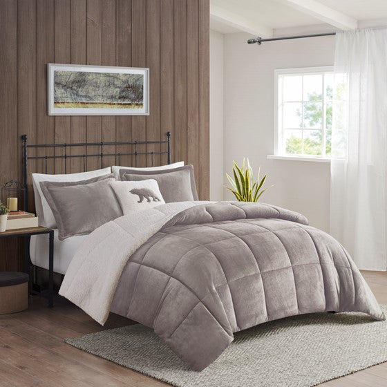 Plush to Sherpa Down Alternative Comforter Set Grey/Ivory King Olliix.com