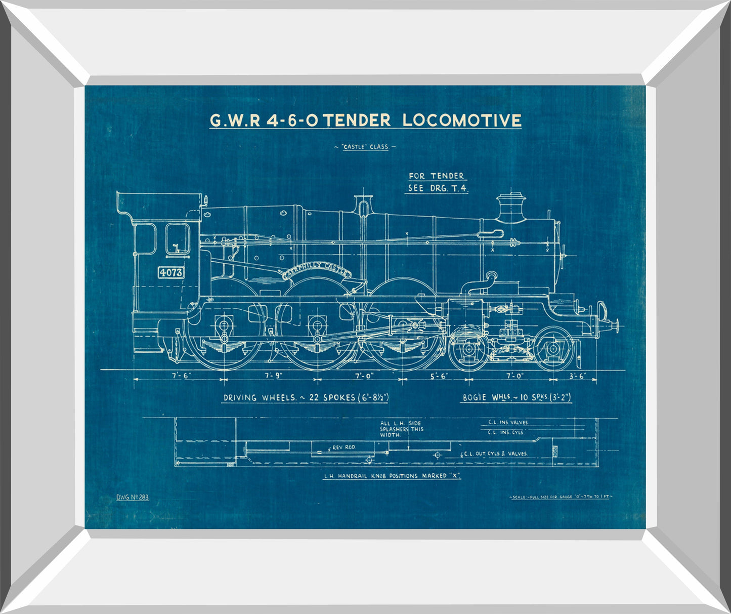 Locomotive Blueprint I By Wild Apple Portfolio - Mirror Framed Print Wall Art - Blue Classy Art