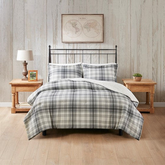 Faux Wool to Faux Fur Down Alternative Comforter Set Gray Plaid Twin XL Olliix.com