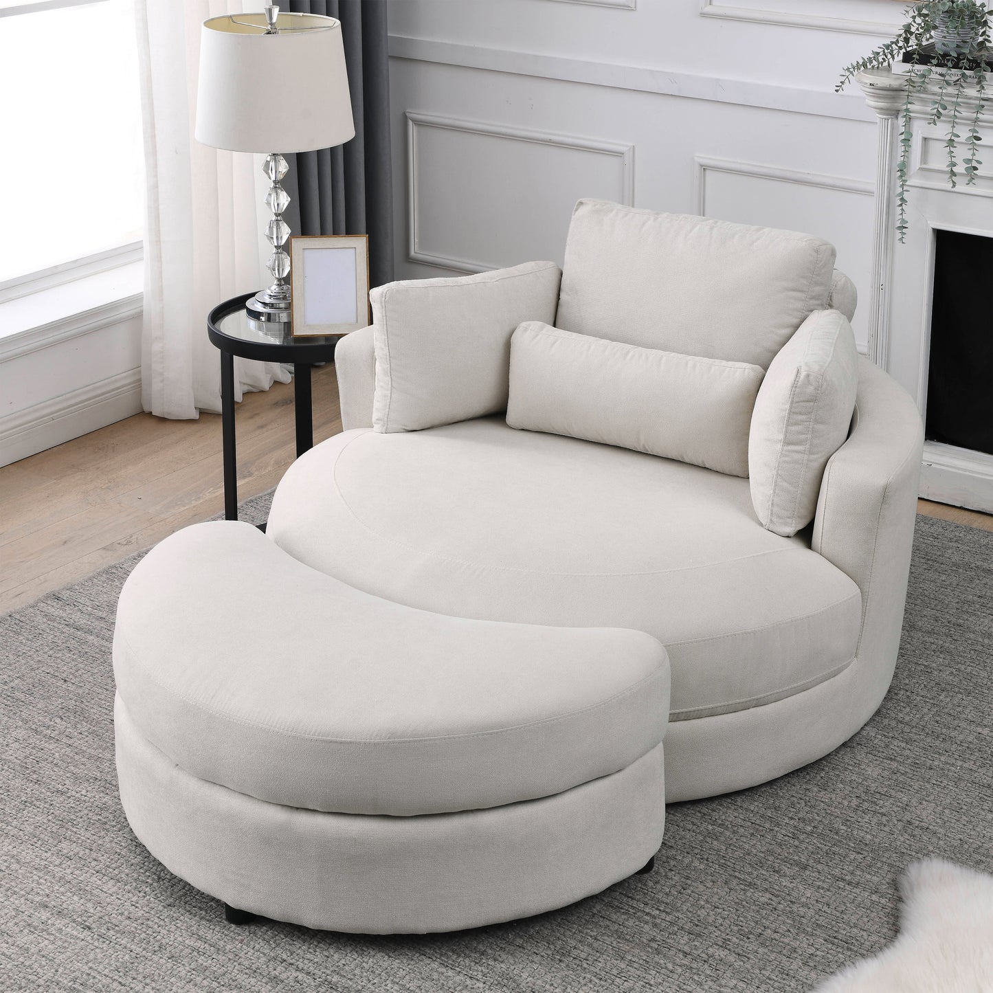 [Video] Welike Swivel Accent Barrel Modern Sofa Lounge Club Big Round Chair with Storage Ottoman Linen Fabric for Living Room Hotel with Pillows House to Home Furnishings LLC