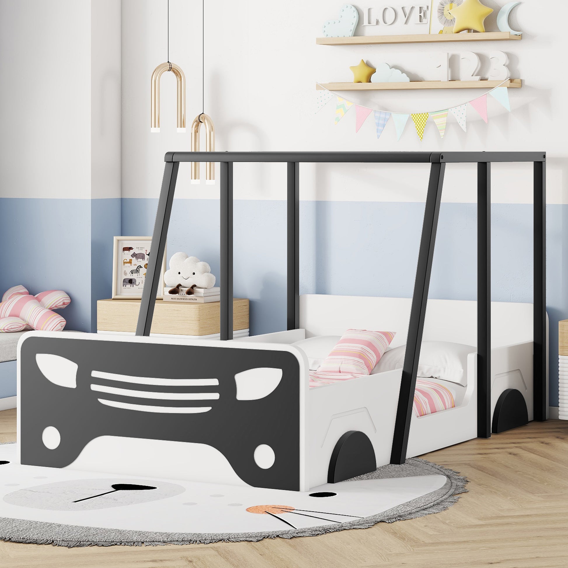 Twin Size Car-shaped Bed with Roof,Wooden Twin Floor Bed with wheels and door Design,Montessori Inspired Bedroom,Black House to Home Furnishings LLC