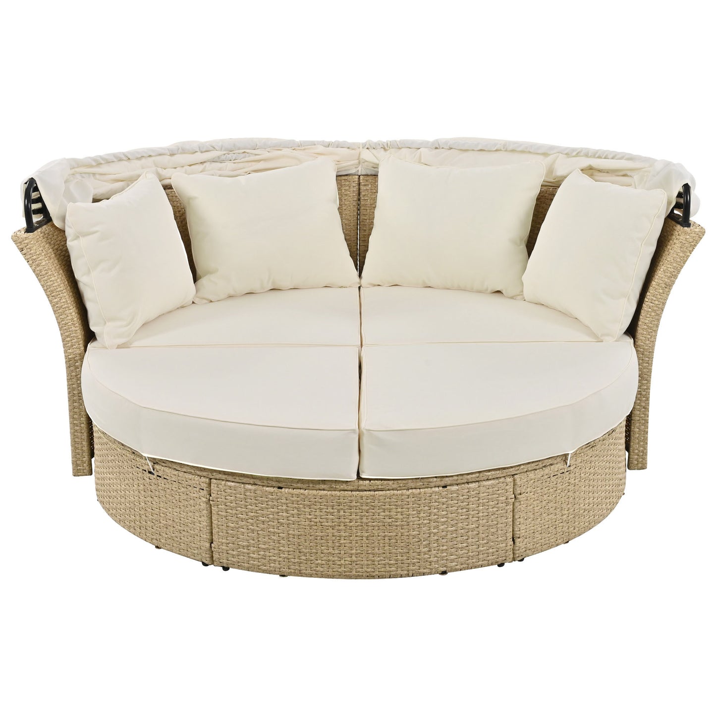 Outdoor Patio Daybed Wicker Rattan Double Daybed Round Sofa Furniture Set with Retractable Canopy, 4 Pillows for Lawn Garden Backyard Porch Pool, Beige House to Home Furnishings LLC