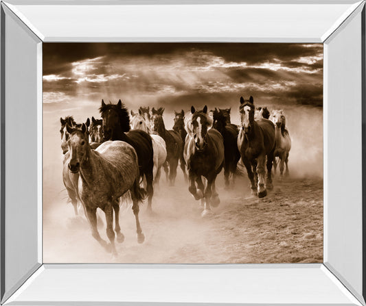 Running Horses By Monte Naglar - Mirror Framed Photo Print Wall Art - Dark Brown Classy Art