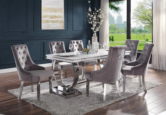 Zander White Printed Faux Marble & Mirrored Silver Finish Dining Room Set ACME East