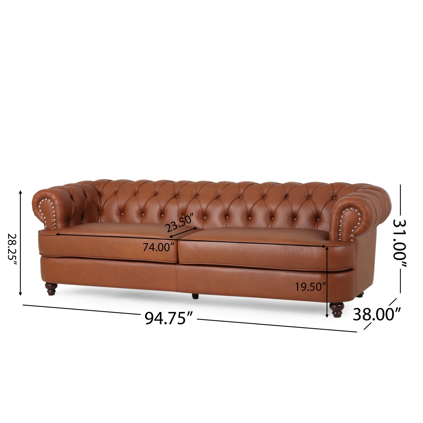 Estella Cognac Nail Head Chesterfield Leather 3 Seater Sofa House to Home Furnishings LLC