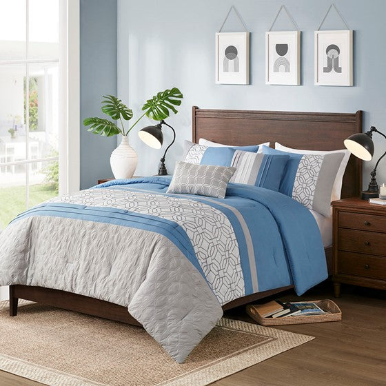 Embroidered 5 Piece Comforter Set Blue Cal King Olliix.com