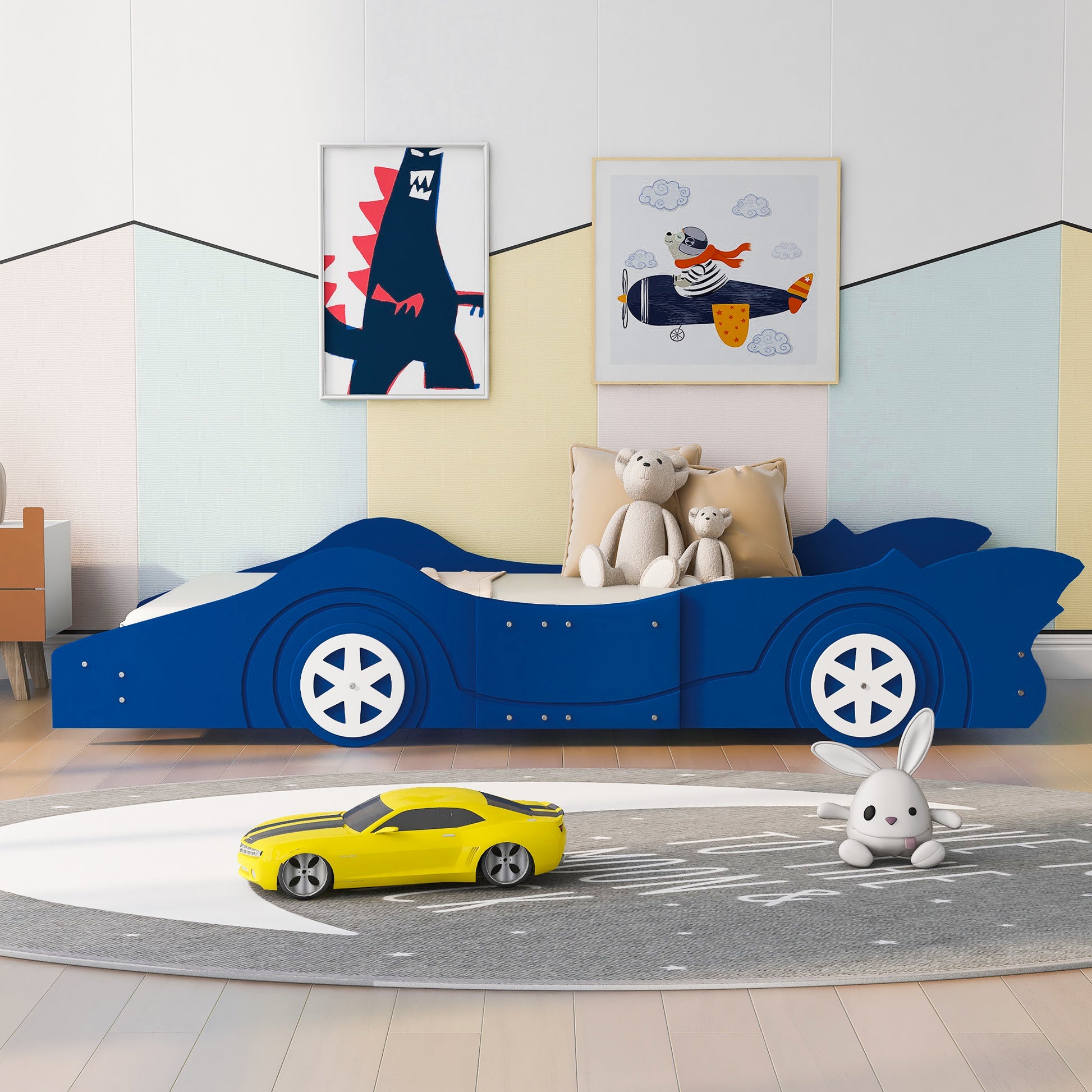 Twin Size Race Car-Shaped Platform Bed with Wheels,Blue (FREE SHIPPING) House to Home Furnishings LLC