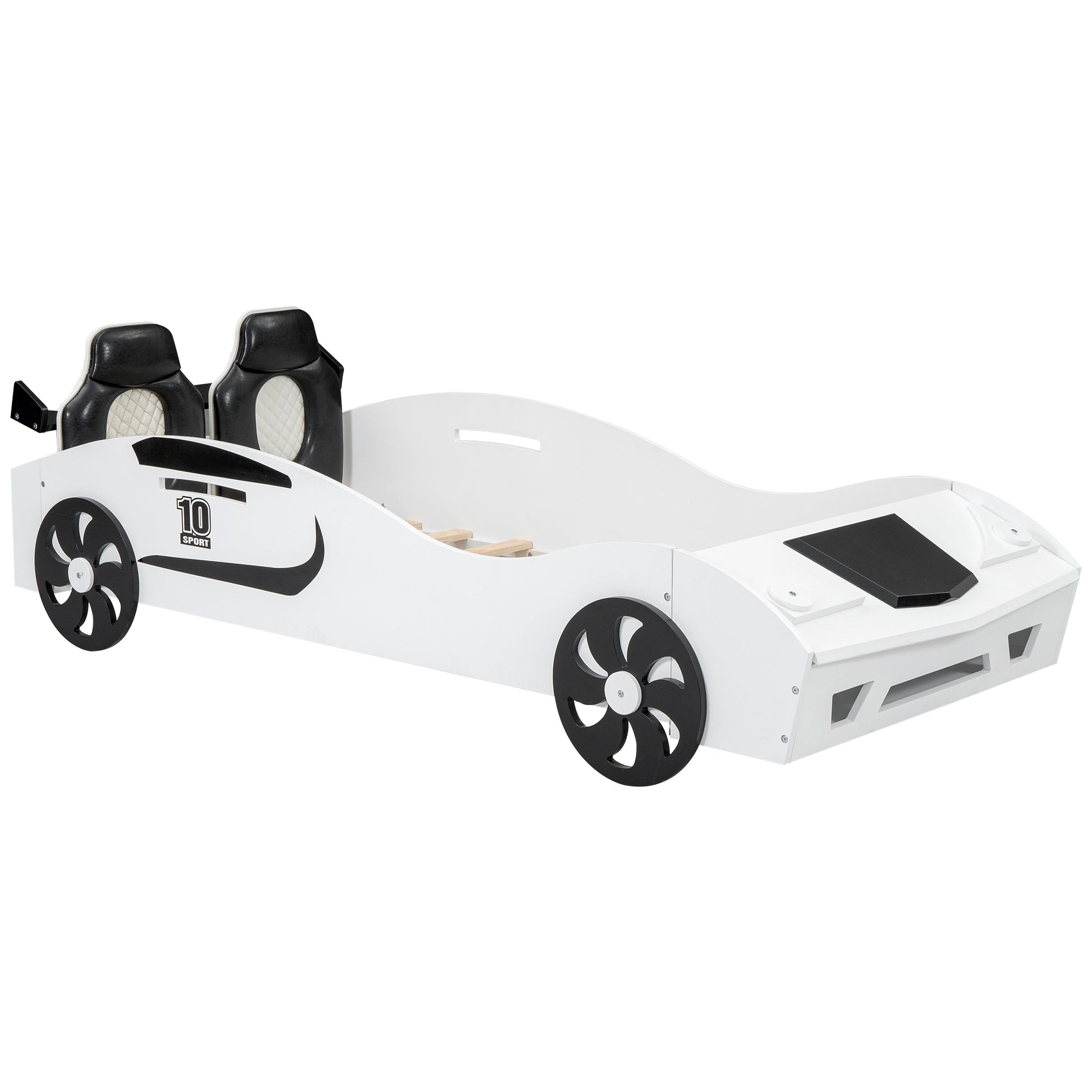 Twin Size Race Car-Shaped Platform Bed with Upholstered Backrest and Storage, White House to Home Furnishings LLC