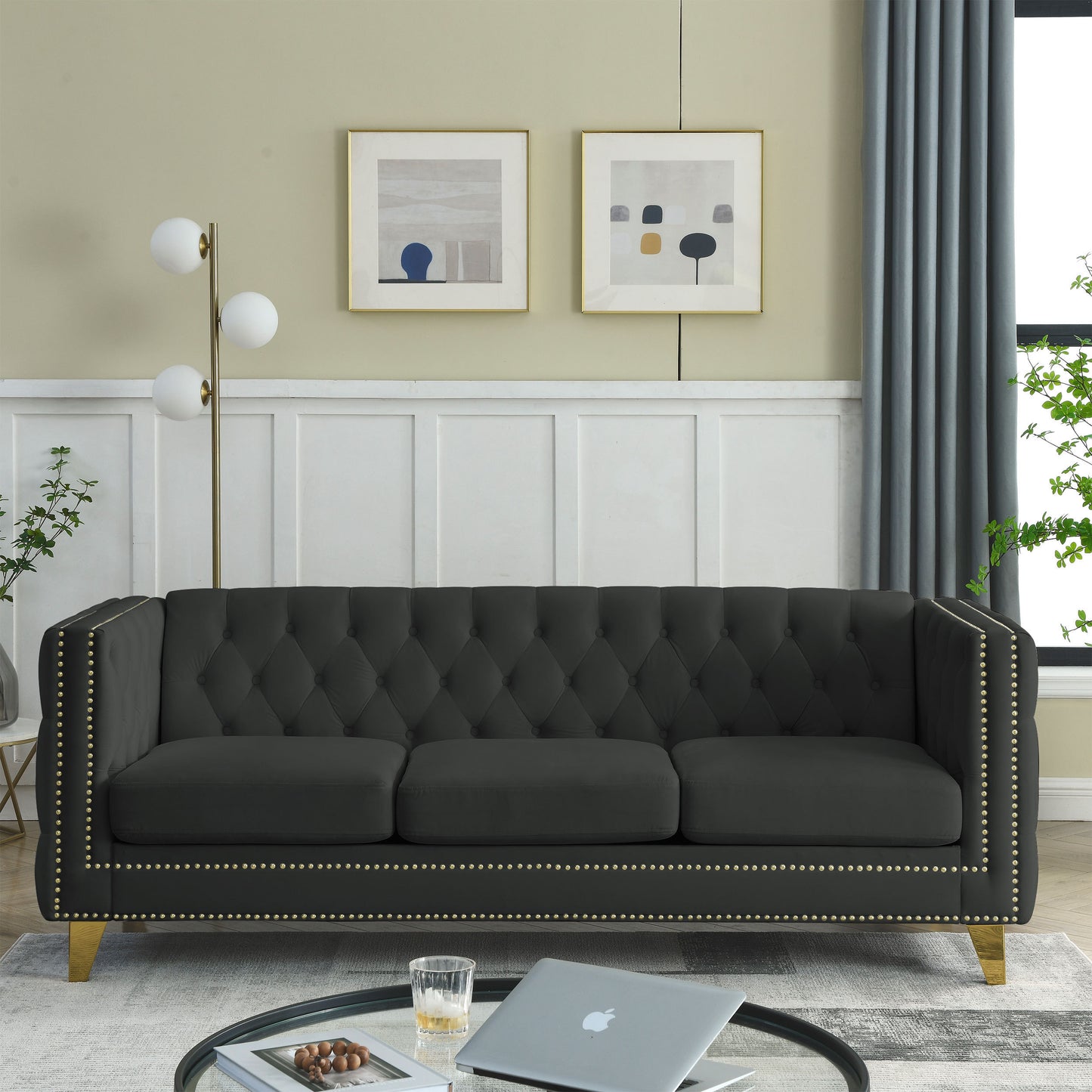 {Contact us for 3D modeling} Velvet Sofa for Living Room,Buttons Tufted Square Arm Couch, Modern Couch Upholstered Button and Metal Legs, Sofa Couch for Bedroom, Black Velvet(W834S00022) House to Home Furnishings LLC