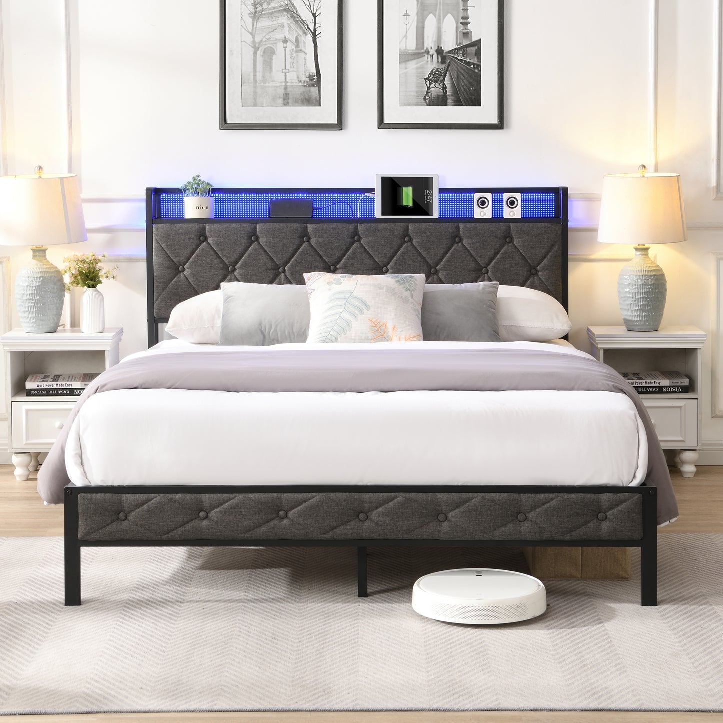 Full Bed Frame with  Storage Headboard, Charging Station and LED Lights, Upholstered Platform Bed with Heavy Metal Slats, No Box Spring Needed, Noise Free, Easy Assembly, Dark Gray House to Home Furnishings LLC