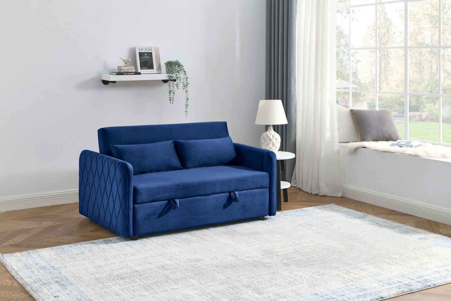 55" Modern Convertible Sofa Bed with 2 Detachable Arm Pockets, Velvet Loveseat Sofa with Pull Out Bed, 2 Pillows and Living Room Adjustable Backrest, Grid Design Armrests ***(FREE SHIPPING)*** House to Home Furnishings LLC