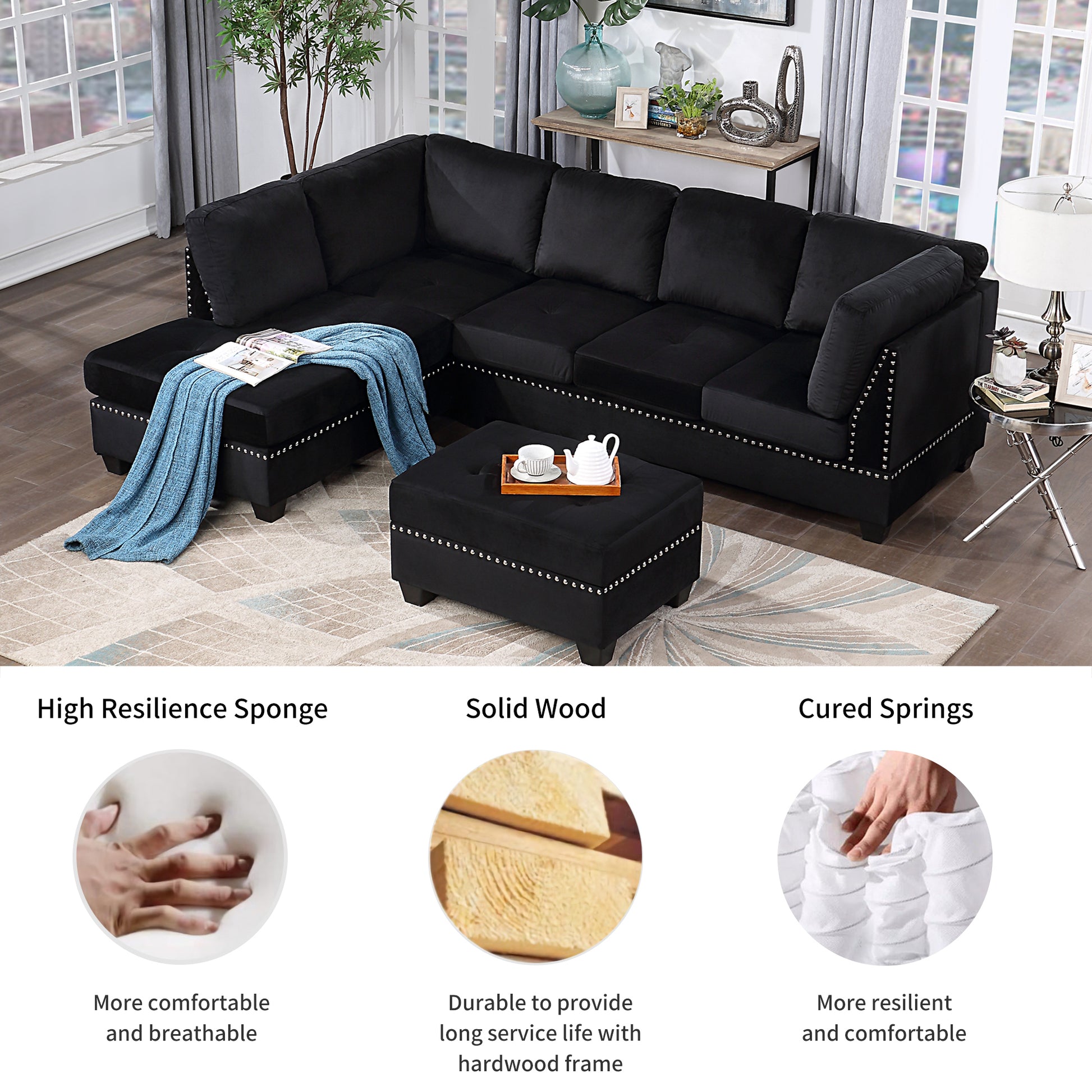 104.5" Reversible Sectional Sofa Space Saving with Storage Ottoman Rivet Ornament L-
shape Couch for Small or Large Space Dorm Apartment,Black(Old:SG000406AAA) House to Home Furnishings LLC