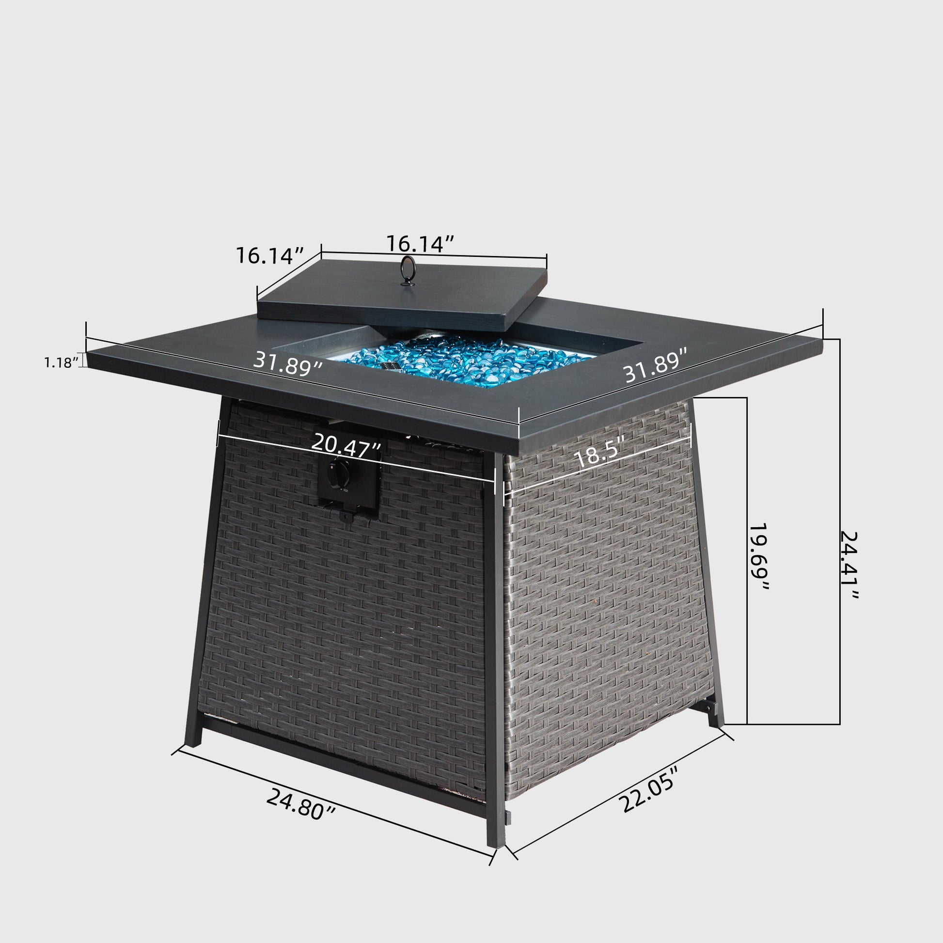 32 Inch Propane Fire Pits Table with Blue Glass Ball,50,000 BTU Outdoor Wicker Fire Table with ETL-Certified,2-in-1 Square Steel Gas Firepits (Dark Gray) House to Home Furnishings LLC