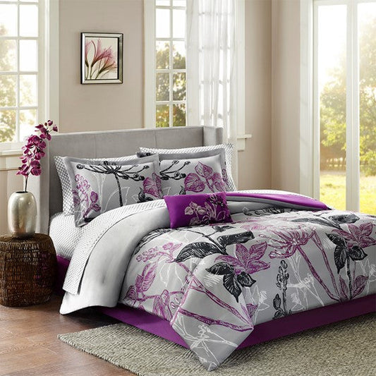 7 Piece Comforter Set with Cotton Bed Sheets Purple Twin Olliix.com