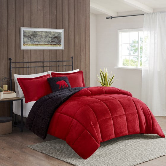 Plush to Sherpa Down Alternative Comforter Set Red/Black King Olliix.com