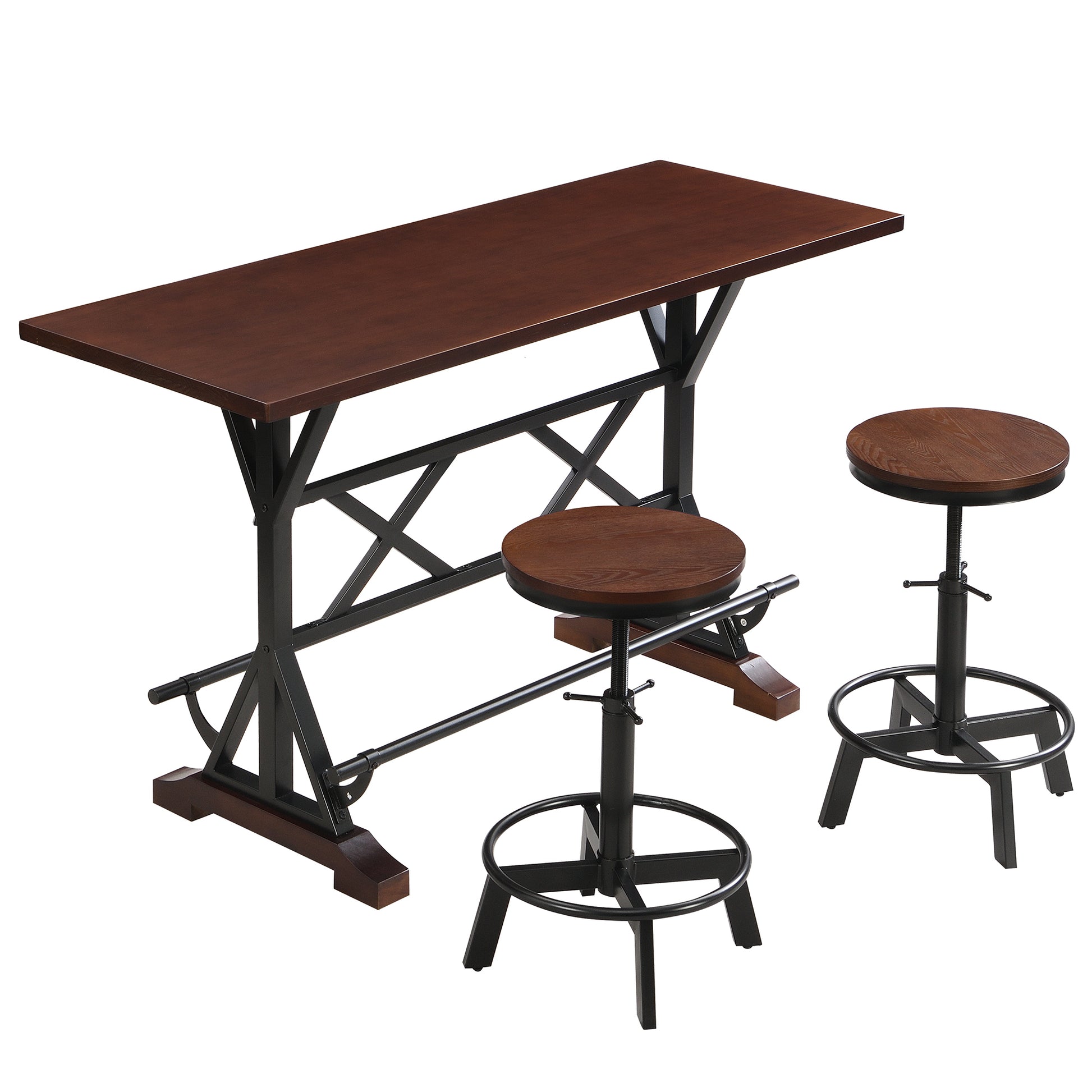 3-Piece Dining Table Set, 59" Wooden Sofa Side Table with Stabilizing Base, Rustic Brown Industrial Adjustable Height Stools, Modern Bar Table and Chairs for Living Room, Dining Room, and Space Saving House to Home Furnishings LLC