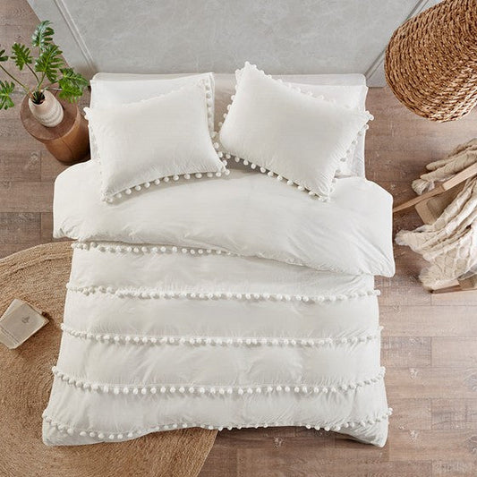 3 Piece Pom Pom Cotton Duvet Cover Set Ivory Full/Queen Olliix.com