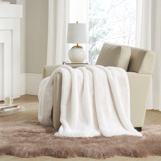 Solid Premium Faux Fur Throw Ivory Olliix.com