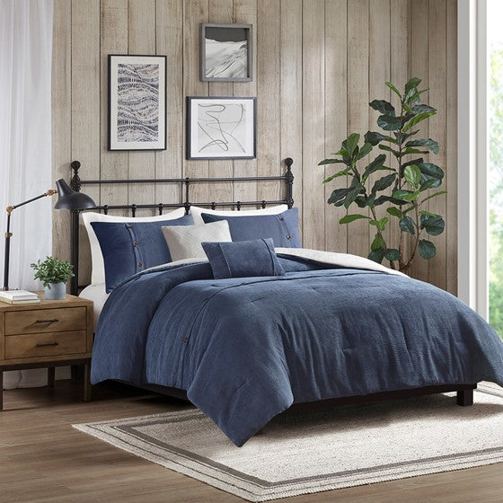 5 Piece Corduroy Comforter Set Navy Full/Queen Olliix.com