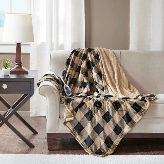 Oversized Heated Plush Throw Buffalo Check Tan Olliix.com