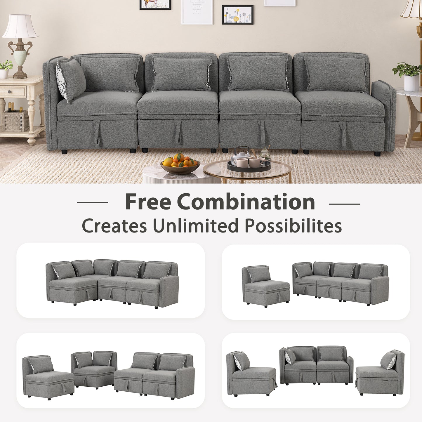 122.8" Convertible Modular Minimalist Sofa Free Combination 4 Seater Sofa Chenille Fabric Sectional sofa with 5 Pillows for Living Room, Office, Apartment, Small Space, Gray House to Home Furnishings LLC