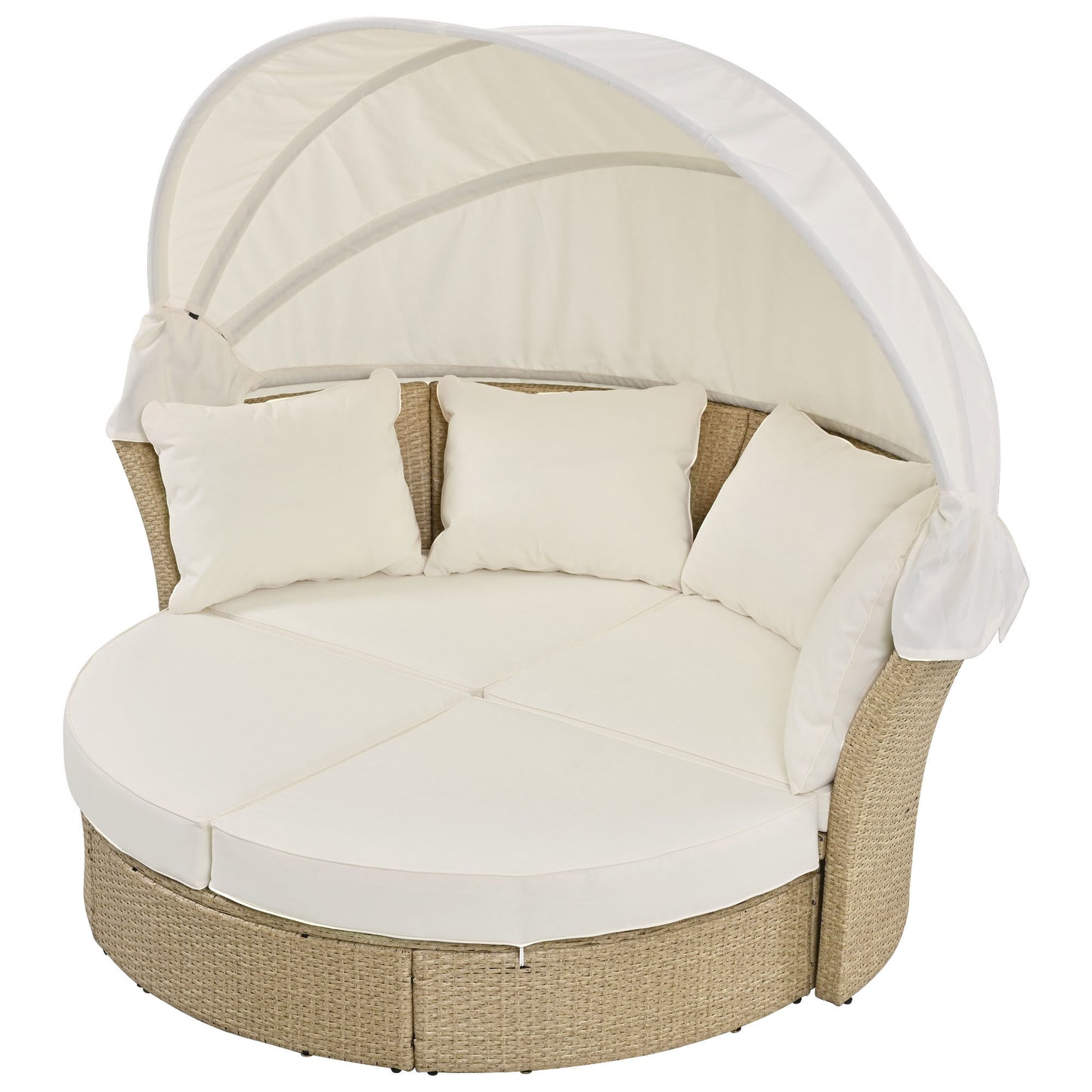 Outdoor Patio Daybed Wicker Rattan Double Daybed Round Sofa Furniture Set with Retractable Canopy, 4 Pillows for Lawn Garden Backyard Porch Pool, Beige House to Home Furnishings LLC