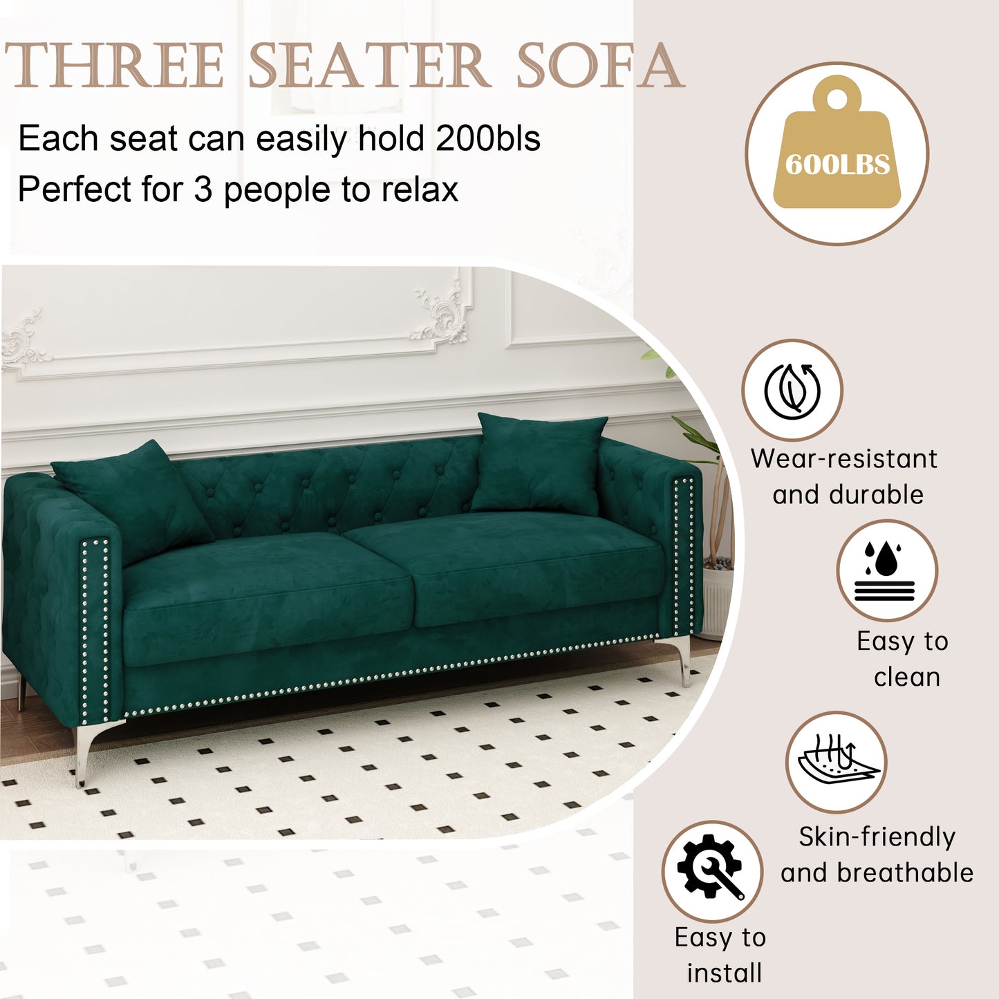 Sofa includes 2 pillows, 83 "green velvet triple sofa for small Spaces House to Home Furnishings LLC